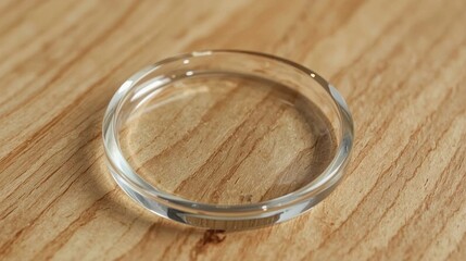 Glass Disc with Beveled Edges on Wooden Background – Ultra-Detailed Transparent Object with Realistic Refractions, Warm Lighting, and Slightly Blurred Grain in 8K Quality