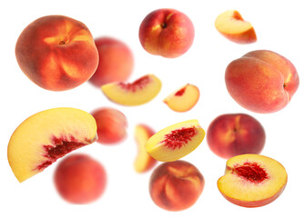 Fresh peaches whirling in air against white background