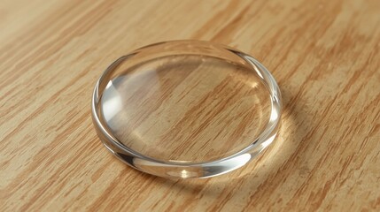 Hyper-Realistic Transparent Glass Circle – Smooth Beveled Edges on Warm Natural Wooden Texture with Soft Reflections and Clarity in Lucid Realism, 8K Photorealistic Render