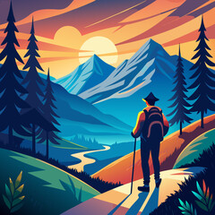 Fototapeta premium Hiker with backpack and trekking pole gazing at majestic mountain landscape at sunset