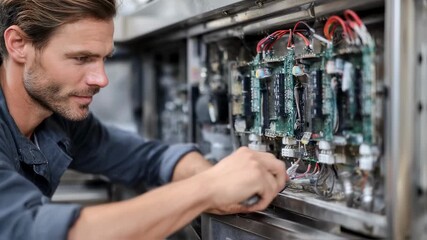 Experienced repair specialist examining electrical connections and replacing faulty modules in a kitchen stove making sure the appliance operates smoothly.