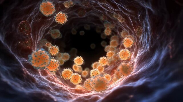 Highresolution imagery of mucosal surface inside the throat with luminous bacterial colonies thriving in tonsil crypts.