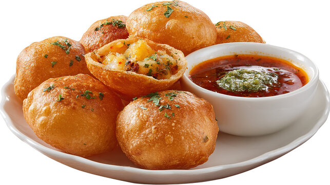 Pakistani spicy gol gappay, indian pani puri and bangali fuchka full of chaat masala with sour water in a dish isolated on marble background top view of indian street food