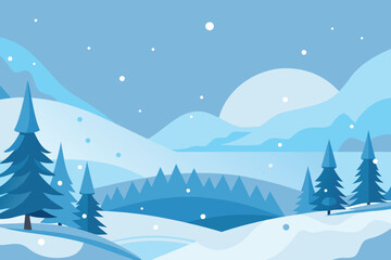 Snow-covered winter landscape featuring tall trees against a clear blue sky.