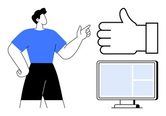 Person pointing towards large thumbs-up graphic and computer screen with blue layout. Ideal for teamwork, approval, collaboration, feedback, achievement, online activity, simple landing page