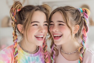 Joyful twin sisters with vibrant colorful braids sharing a genuine laugh, embodying friendship and youthful happiness in a bright, contemporary setting.