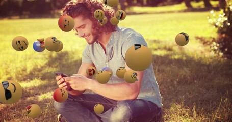 Man tapping smartphone and scrolling social feed while emoji swarm showing reactions growing fading - Powered by Adobe