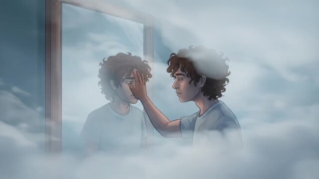 A young person gazes into a foggy mirror, exploring self-reflection amidst a dreamlike atmosphere