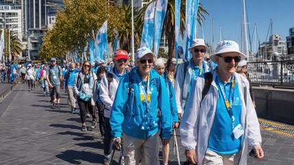 A vibrant group of walkers participates in a charity walk, enjoying the sunny day and city views.