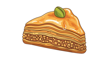 A triangular slice of baklava, topped with pistachio, showcasing layered pastry and syrup.