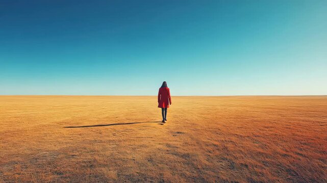 Woman in Red Coat Walking Alone in a Vast Golden Field Under a Blue Sky Landscape