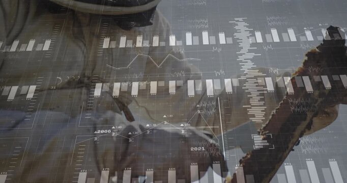 Beekeeper raising honeycomb frame in apiary overlaying bar-line charts visualizing bee health data