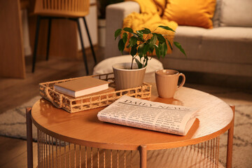 Newspaper with tea cup, books and plant on table in dark living room