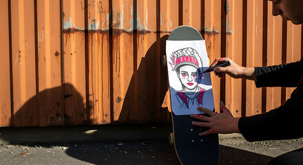 Young person customizing a skateboard with artwork and graffiti art against a wooden fence