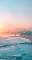 Obraz premium Coastal city sunrise, ocean waves, hazy skyline, peaceful morning scene, travel brochure
