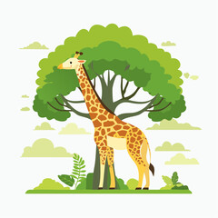 Fototapeta premium Giraffe stands gracefully beneath a verdant tree creating a captivating animal scene
