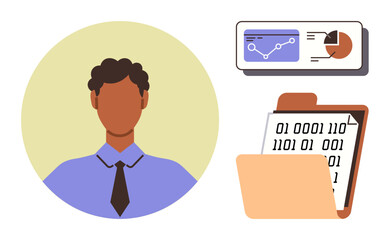 Person in formal attire next to analytics chart and folder with binary code. Ideal for data science, technology, research, coding, project management, productivity, simple flat metaphor