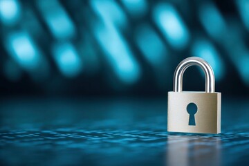 Metal padlock on cyber surface for digital security and data protection concept