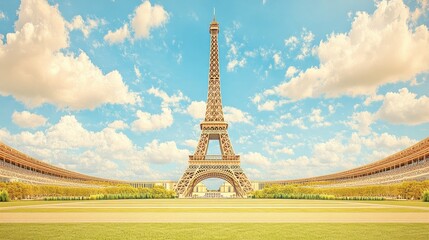 Iconic Eiffel tower Paris landmark architecture stands central. Monument rises in cityscape. Famous travel destination, tourism structure, elegant urban landscape, postcard beauty, romantic