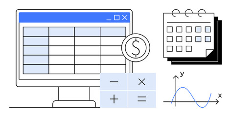Spreadsheet on screen, calendar, calculator, and a plotted graph. Ideal for budgeting, data analysis, planning, finance tracking accounting business strategy and forecasting. Simple flat metaphor