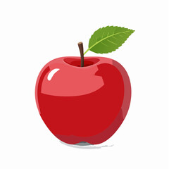 Illustration of a vibrant red apple with a fresh green leaf on a bright white background