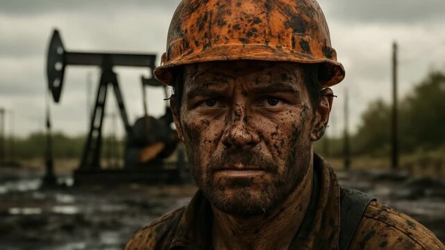 Oil worker portrait looking at camera with pump jack in background