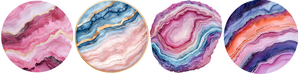 Obraz premium Stunning, vibrant agate slices with colorful patterns featuring pink, blue, and purple hues, accented with golden lines, ideal for home decor and artistic design