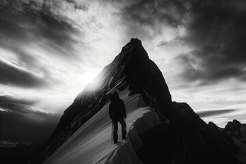 Contemplative man using trekking poles in snowy mountainous region. Dramatic scenery evokes feelings of adventure and serenity.