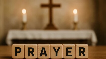 Prayer word spelled on wooden blocks with church interior in the background - Powered by Adobe