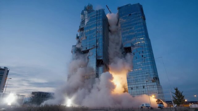 Controlled demolition of skyscraper in Frankfurt, Germany