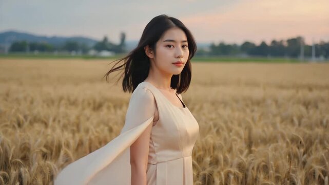 Young woman standing in a wheat field with her cape flowing in the wind