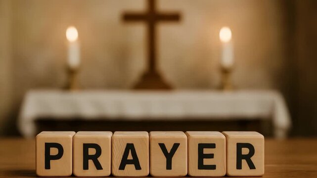 Prayer word spelled on wooden blocks with church interior in the background