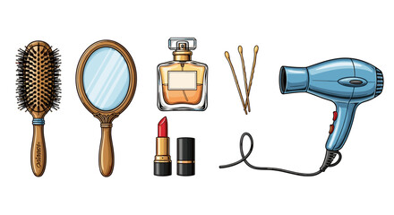 Vintage cosmetic set with perfume, mirror, lipstick and hair dryer.