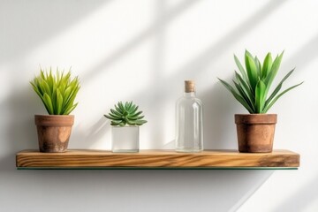 Obraz premium Potted plants and glass bottle on wooden shelf with natural light