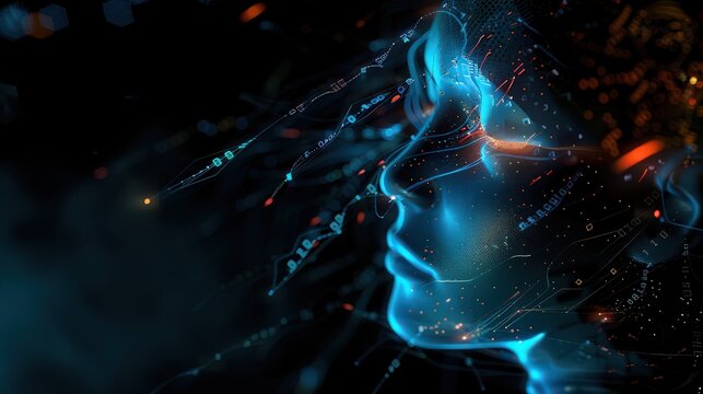 Digital face profile with glowing lines and data streams in a dark abstract futuristic scene