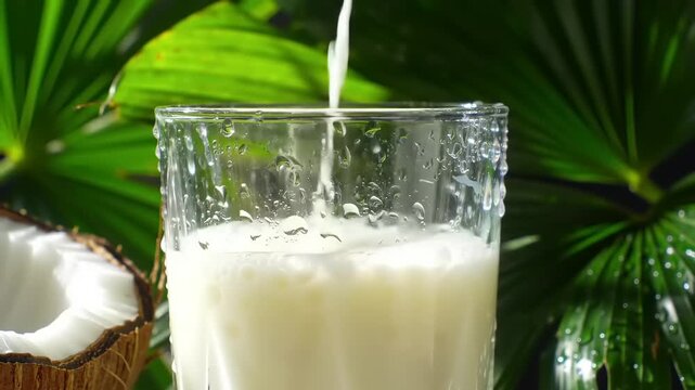 Coconut milk pouring with tropical leaves. (1)