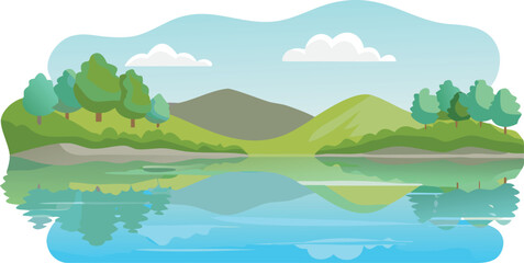 Cartoon illustration depicting a serene lake surrounded by majestic mountains under a clear blue sky. © Rizky