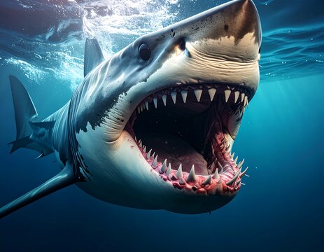 Great white shark underwater, open mouth