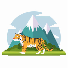 Majestic Tiger Strolling Before Snowy Peaks: A Vibrant and Striking Digital Illustration