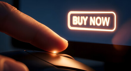 Extreme Close-up of a Finger Clicking a Glowing "BUY NOW" Button.