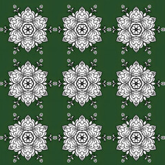 Seamless winter vector pattern with snowflakes and floral ornaments is perfect for Christmas decoration and vintage wallpaper design