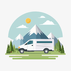 Stylized landscape with a white van parked in front of majestic mountains and evergreen trees