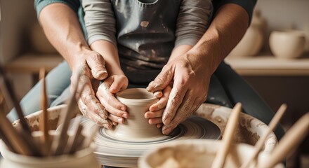 Adult teaching a child the art of pottery, guiding their hands together on a spinning wheel.