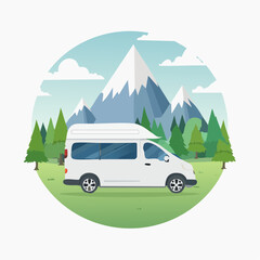Scenic Adventure: A White Van Journey Through Majestic Mountains and Lush Greenery