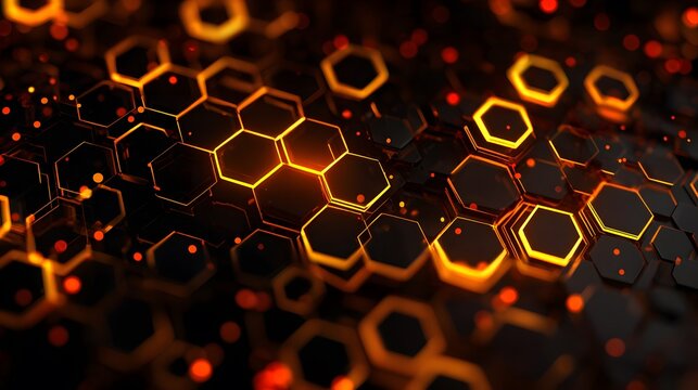 Abstract geometric pattern with glowing hexagonal shapes, creating a futuristic and technological background. Ideal for science or data visualization.