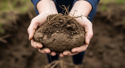 Close-up of cupped hands holding a clump of rich, fertile soil with plant roots.