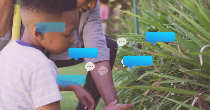 Father guiding boy pruning hedge during gardening lesson, with animated arrows marking cut points