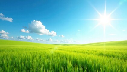Vast open field, cloudless blue sky Sunlit, tranquil expanse , photography, sunny