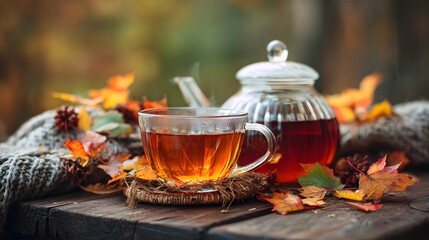 A warm cup of tea and teapot nestled amidst autumn leaves creates a cozy and inviting seasonal scene, perfect for a crisp day.