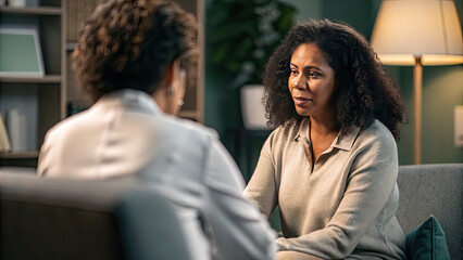 African American female counselor demonstrating empathy concept. Two women engage in a deep conversation in a cozy setting.